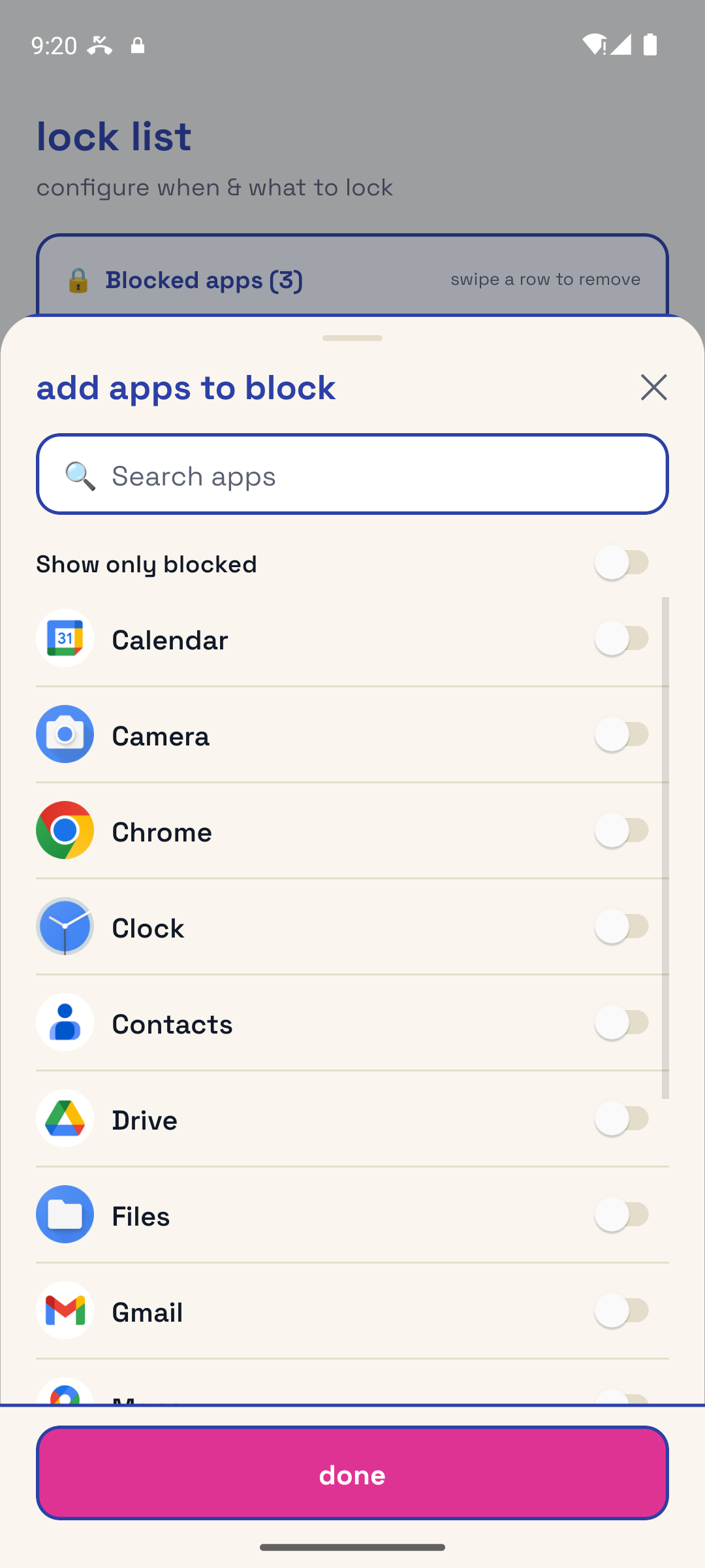 WritersLock app picker for choosing exactly which apps to block