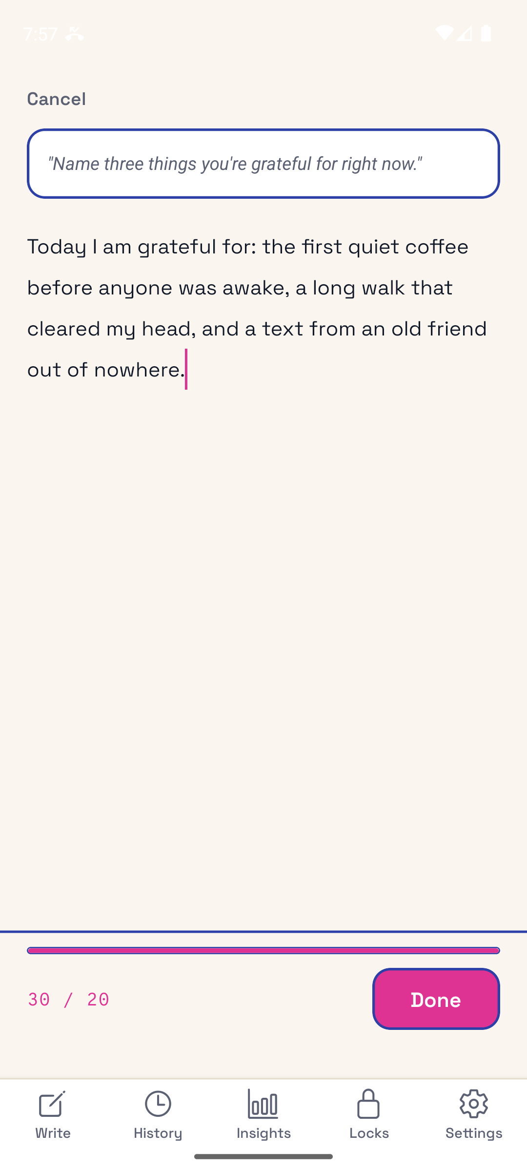 WritersLock Gratitude Log screen with the prompt "Name three things you're grateful for right now" and a written gratitude entry