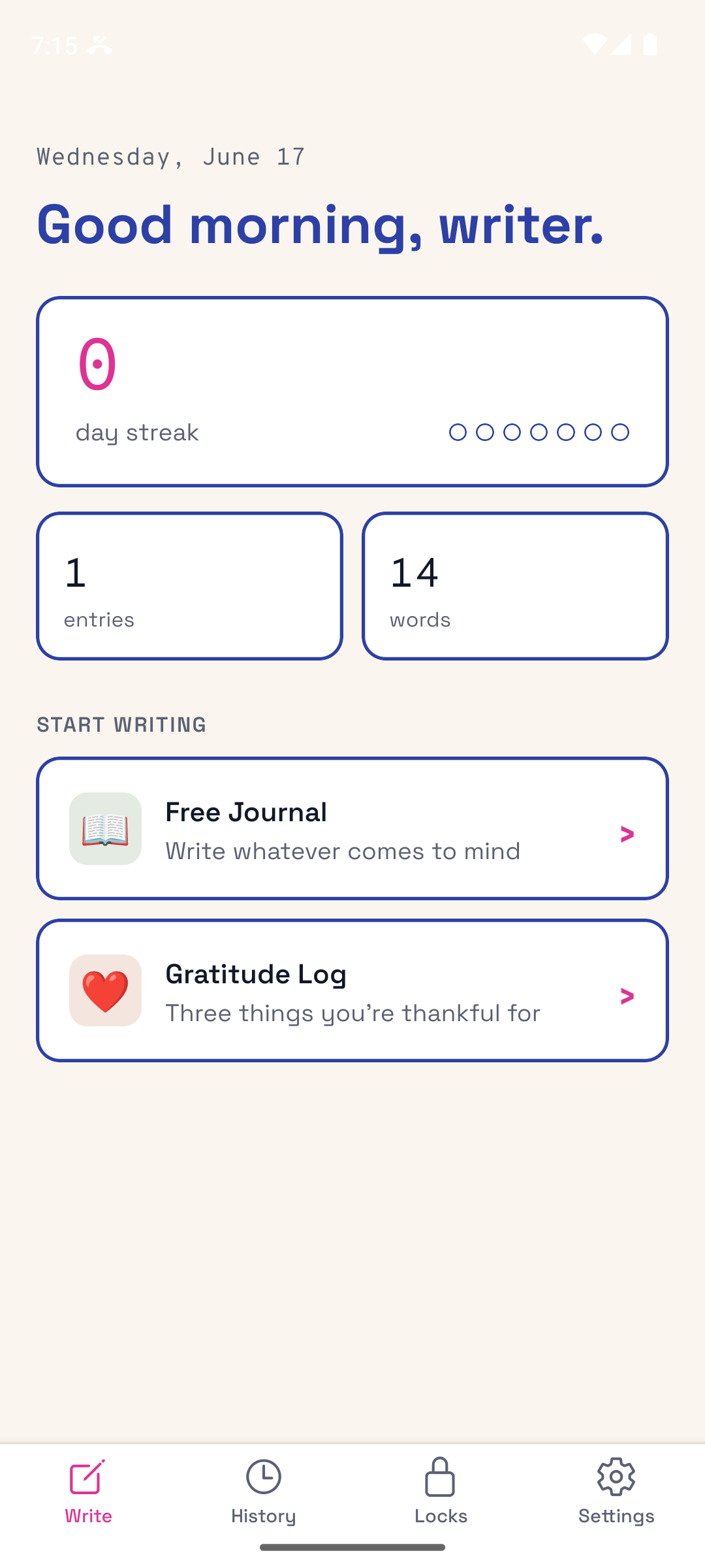 WritersLock home screen showing 'Good morning, writer.' with a day-streak counter, entry and word totals, and writing modes