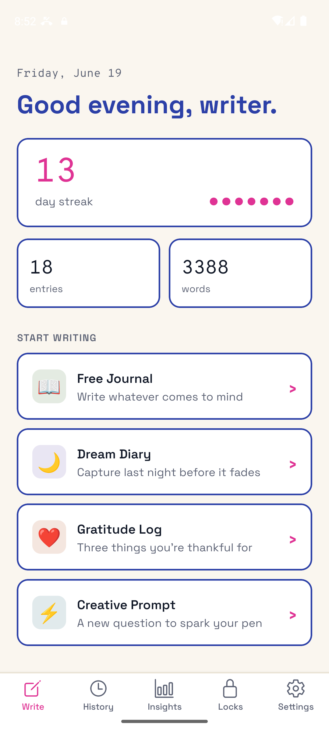 WritersLock home screen showing four writing modes: Free Journal, Dream Diary, Gratitude Log, and Creative Prompt