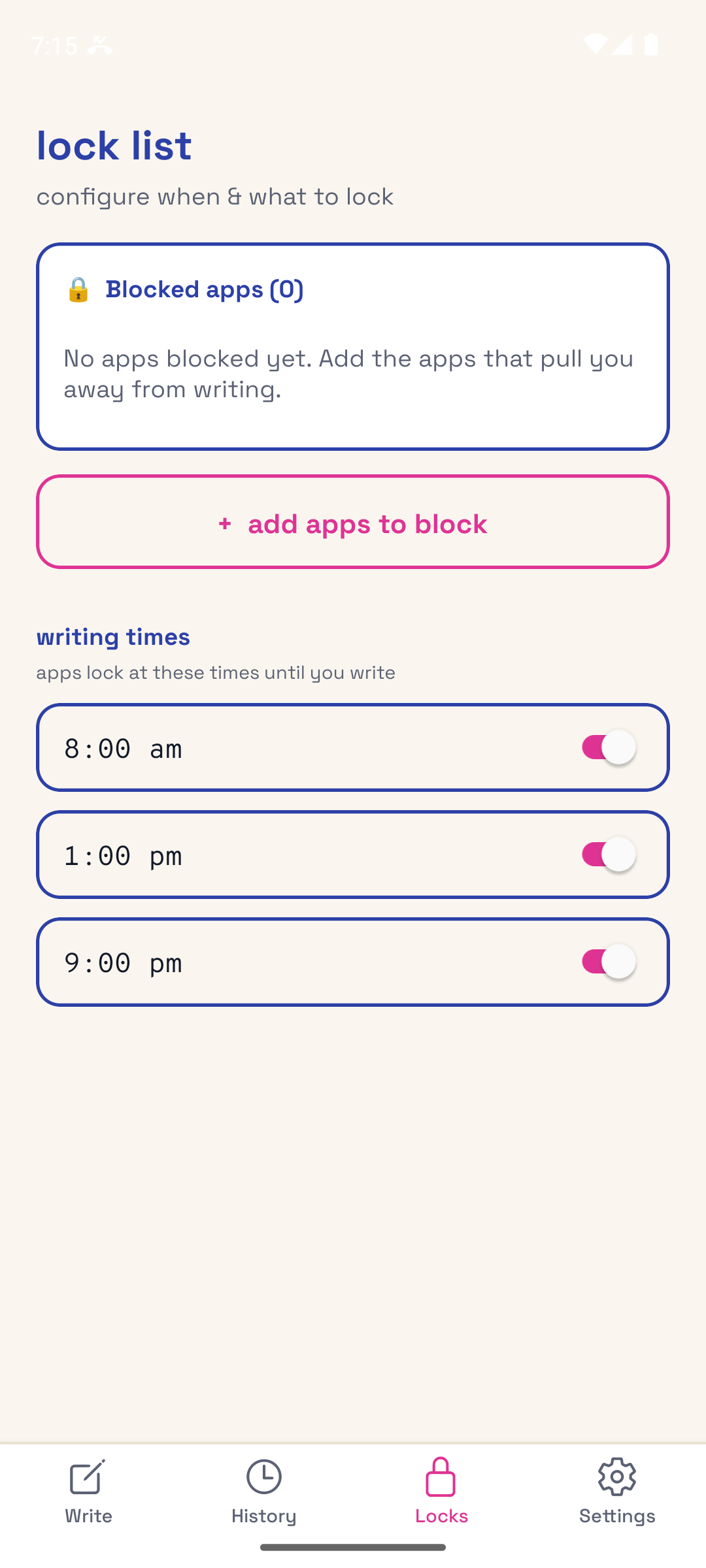 WritersLock lock list showing blocked-apps and writing-time toggles