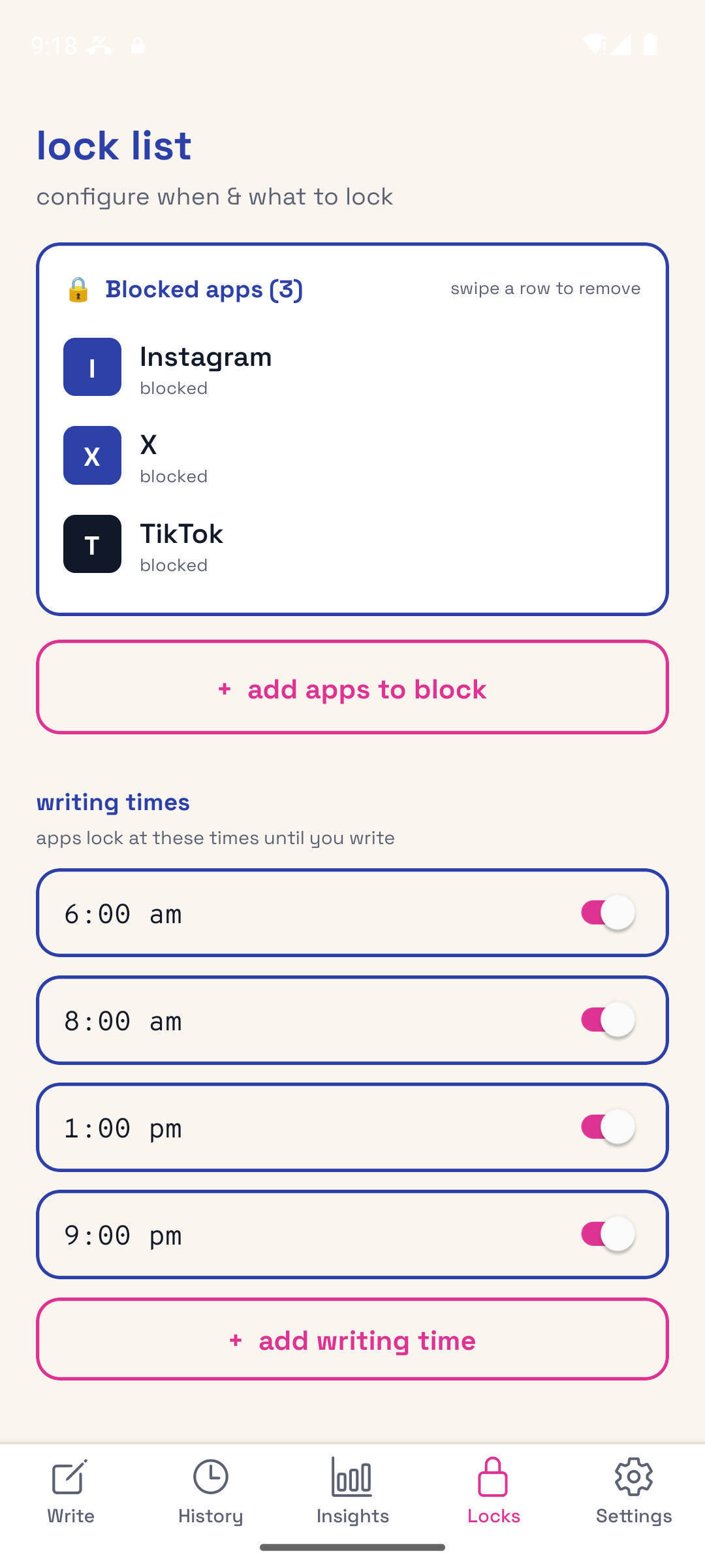 WritersLock lock list with writing-time toggles at 6am, 8am, 1pm, and 9pm