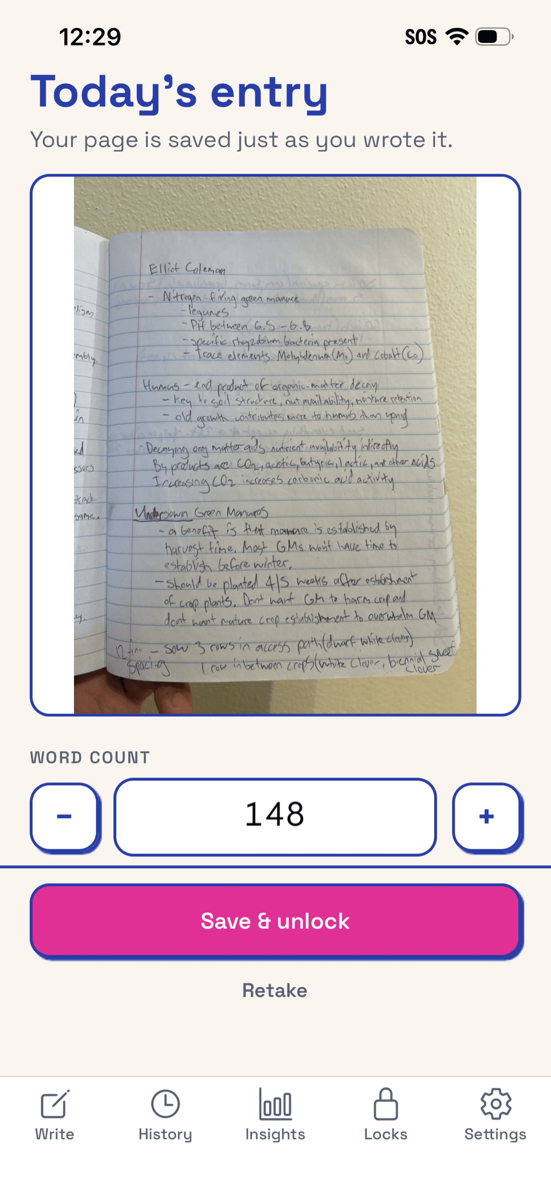 WritersLock photo-entry screen for snapping a handwritten journal page to unlock your apps