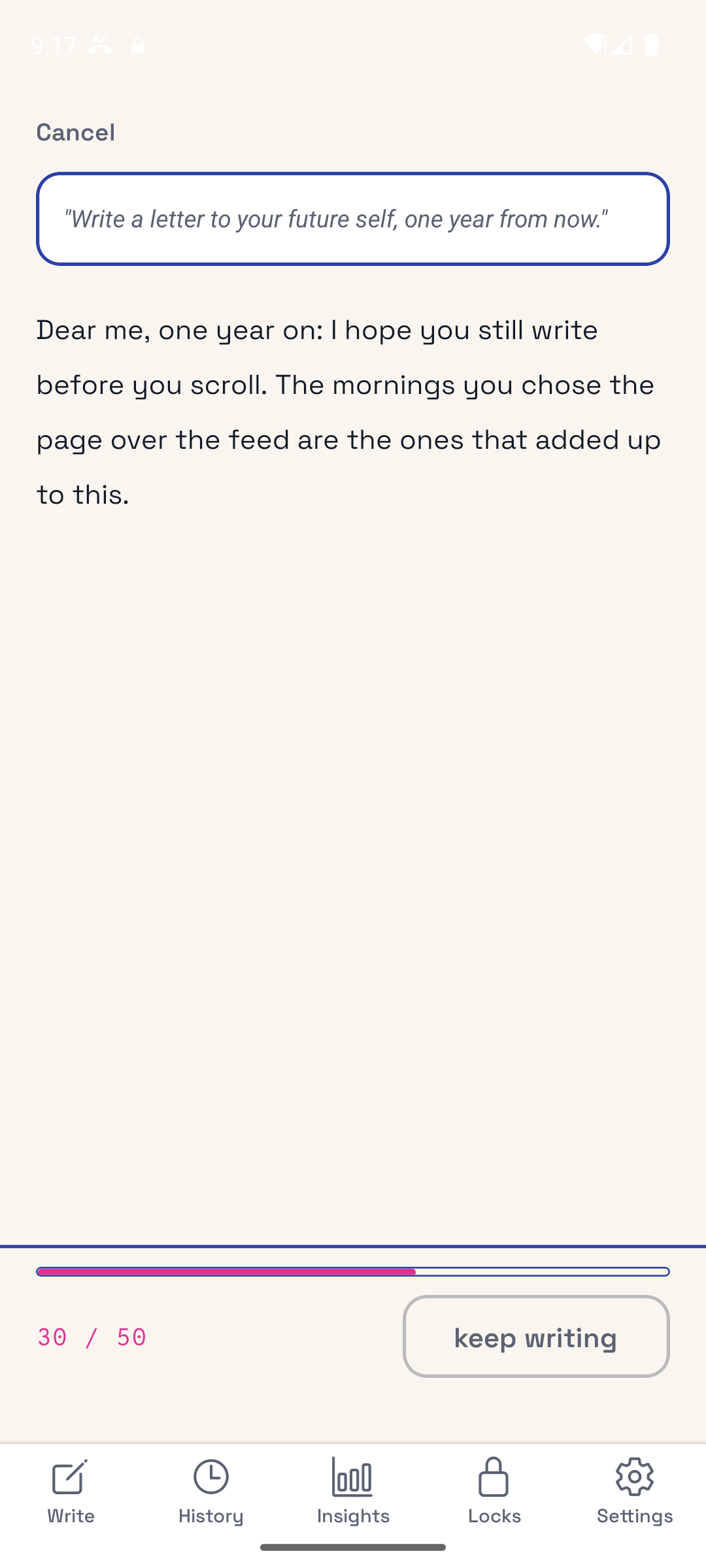 WritersLock writing screen with a daily prompt and a word-count progress bar