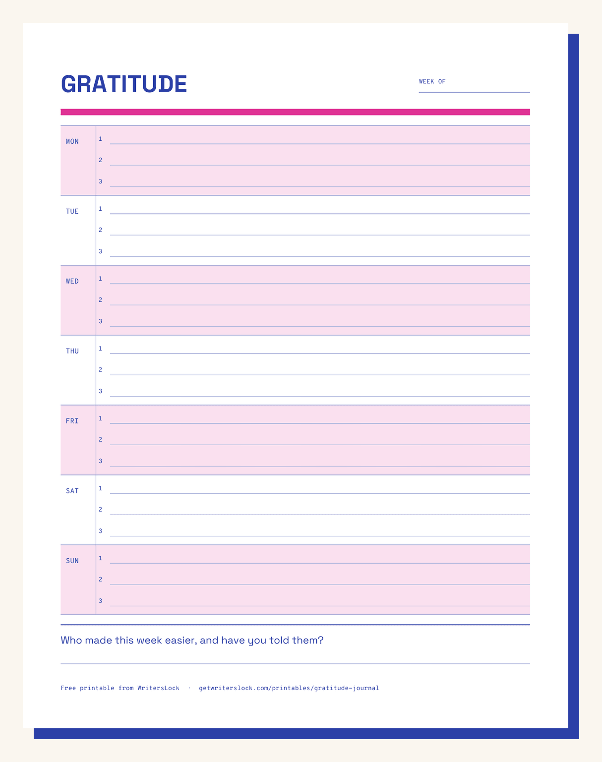 Preview of the gratitude journal template: seven day blocks stacked down the page, each with three numbered ruled lines, alternate blocks tinted, and a closing question at the foot.