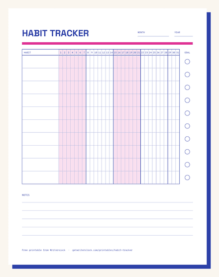 Preview of the habit tracker printable: a 31 day grid with ten habit rows, week boundaries marked every seven columns, and a monthly goal column down the right edge.