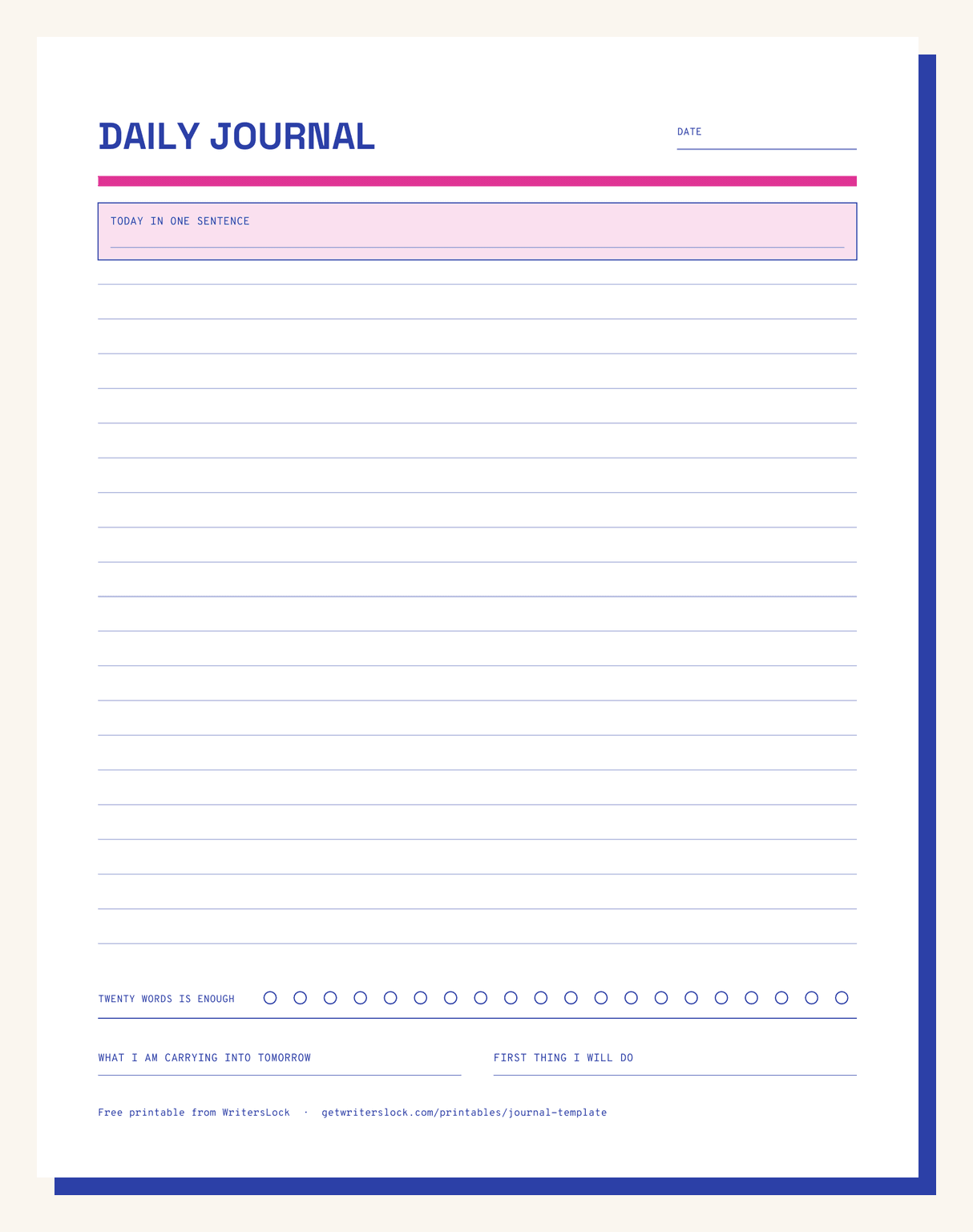 Preview of the daily journal template: a tinted one-sentence line across the top, twenty ruled writing lines below it, a row of twenty small circles, and two short prompts at the foot of the page.