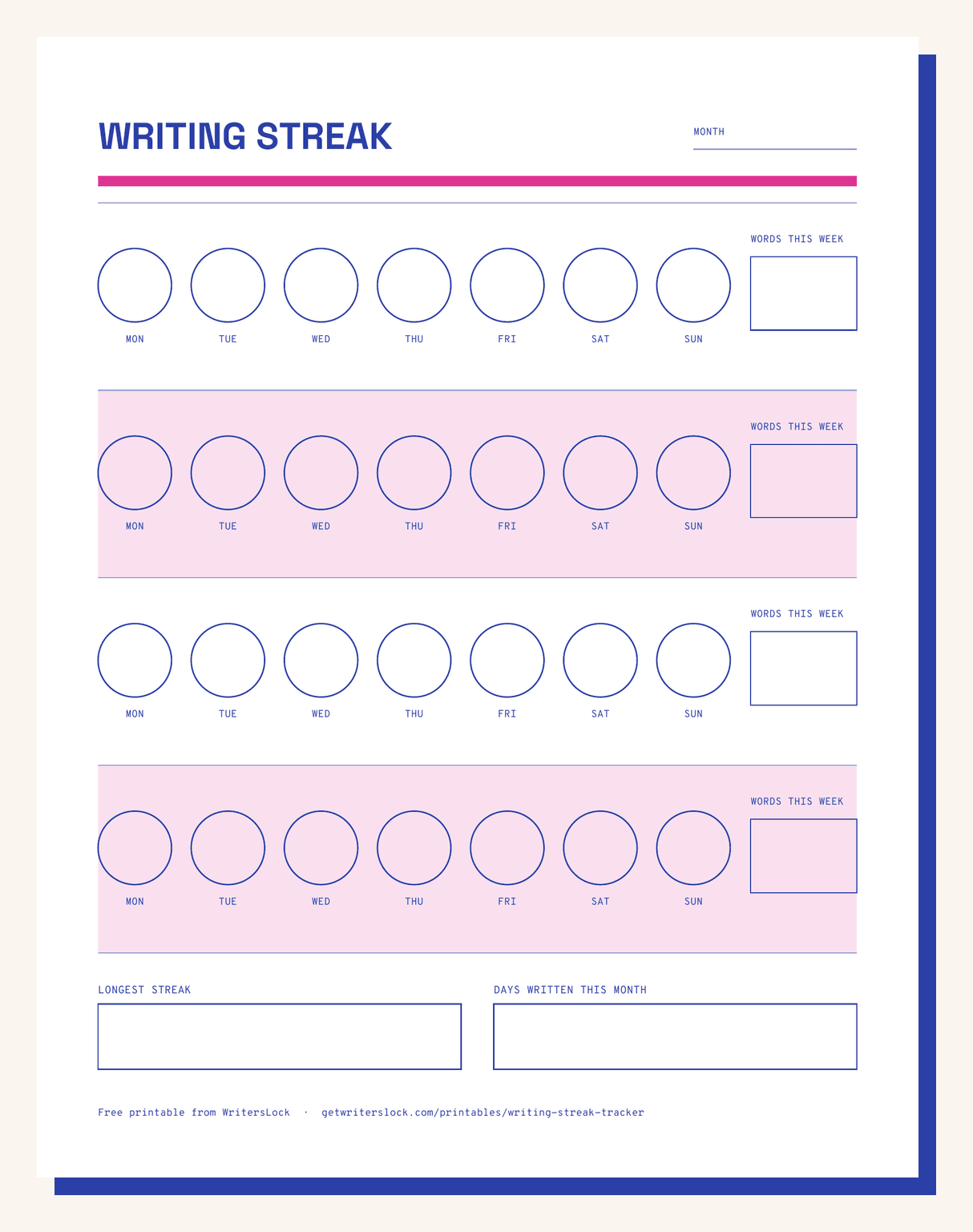 Preview of the writing streak tracker printable: four week rows of seven large open circles with day abbreviations beneath, a words-this-week box at the end of each row, and two summary boxes at the foot.